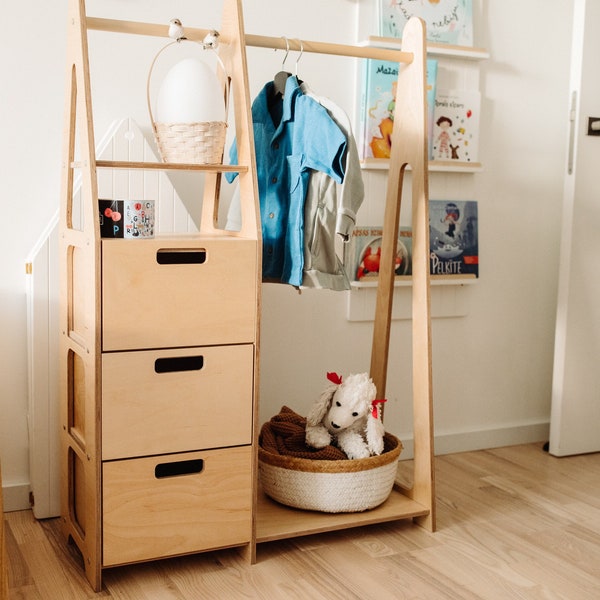 Armoire pour enfants Porte-vêtements Montessori Porte-manteau en bois Armoire Montessori Porte-vêtements avec tiroirs Meubles pour enfants