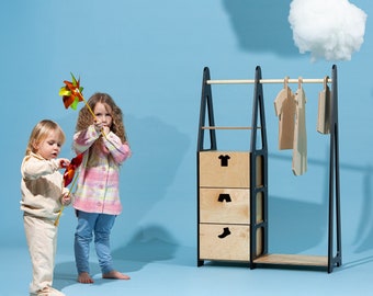 Kindergarderobe Montessori Kleiderständer Holz Kleiderständer Holzrahmenständer Kleinkind Kleiderschrank Kleiderständer mit Schubladen Kindermöbel