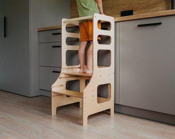 Adjustable Baltic Birch Kitchen Tower, Montessori Step Stool