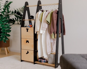 Montessori Wooden Clothing Rack with Drawers, Toddler Wardrobe