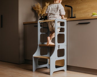 Transformable kitchen tower, Kitchen tower, Foldable kitchen tower, Montessori learning stool, Toddler tower, Toddler learning stool, Table,