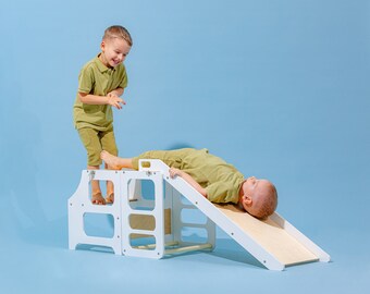 Échelle de cuisine transformable, Échelle de cuisine avec toboggan, Échafaudage pliable, Toboggan, Tabouret d'apprentissage Montessori, Tabouret de cuisine 3 en 1