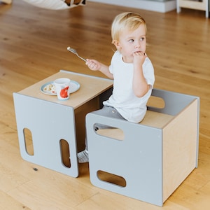 Kids chair and table, Montessori chair set, Gray cube chair, Weaning table and chair, Adjustable chair and table, Kids table, Wooden chair image 2