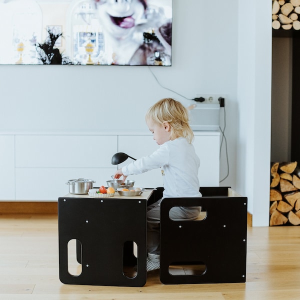 Kids chair and table, Montessori chair set, Black cube chair, Weaning table and chair, Adjustable chair and table, Kids table, Wooden chair