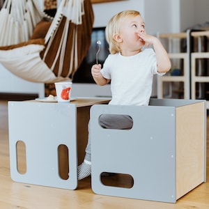 Kids chair and table, Montessori chair set, Gray cube chair, Weaning table and chair, Adjustable chair and table, Kids table, Wooden chair