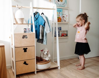 Kindergarderobe Montessori Kleiderständer Holzkleiderständer Holzrahmenregal Kleinkindgarderobe Kleiderstange mit Schubladen Kindermöbel