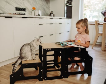 Ensemble d'escabeau de cuisine transformable, escabeau, escabeau de cuisine pliable, escabeau de cuisine 2 en 1, tabouret d'apprentissage pour tout-petits, tour Montessori