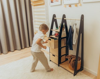 Armario para niños Estante de ropa Montessori Estante de ropa de madera Estante de marco de madera Armario para niños pequeños Estante de ropa con cajones Muebles para niños