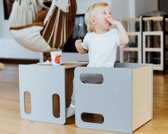 Kinderstoel en tafel, Montessori stoelenset, Grijze kubusstoel, Speentafel en stoel, Verstelbare stoel en tafel, Kindertafel, Houten stoel