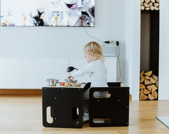 Kids chair and table, Montessori chair set, Black cube chair, Weaning table and chair, Adjustable chair and table, Kids table, Wooden chair