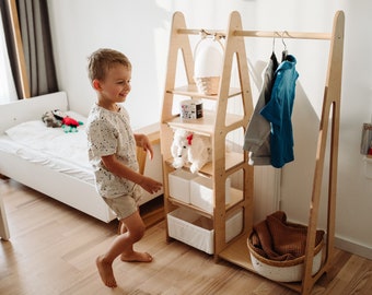 Armario para niños Estante de ropa Montessori Estante de ropa de madera Estante de marco de madera Armario para niños pequeños Estante de ropa con cajones Muebles para niños