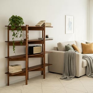 Mid-Century Modern Wooden ZigZag Bookshelf, Narrow Wall Shelf