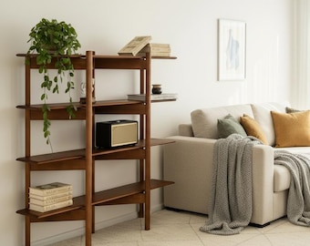 Mid-Century Modern Wooden ZigZag Bookshelf, Narrow Wall Shelf