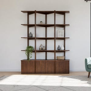 Estantería de madera de estilo moderno de mediados de siglo, estante en zigzag, librería MCM, estante de madera maciza