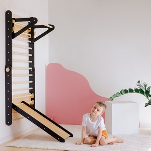 Climbing triangle wall set with slide, gymnastic wall with pullup bar and slid, Montessori triangle, Foldable triangle, Play station. image 1