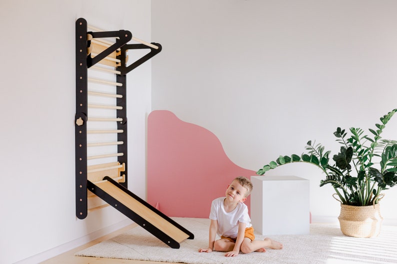 Climbing triangle wall set with slide, gymnastic wall with pullup bar and slid, Montessori triangle, Foldable triangle, Play station. image 1