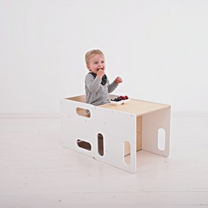 Kids chair and table, Montessori chair set, Gray cube chair, Weaning table and chair, Adjustable chair and table, Kids table, Wooden chair WHITE