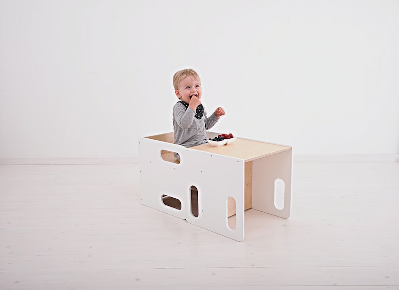 Kids chair and table, Montessori chair set, Gray cube chair, Weaning table and chair, Adjustable chair and table, Kids table, Wooden chair WHITE