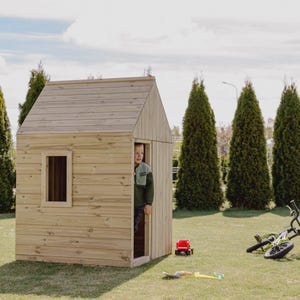 Outdoor Wooden Playhouse for Kids – Minimalist Backyard Cabin, Natural Wood Play House, Montessori Style Garden Shed, Minimalist Playhouse