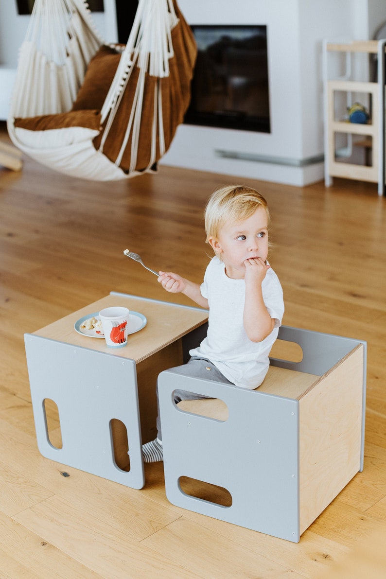 Kids chair and table, Montessori chair set, Gray cube chair, Weaning table and chair, Adjustable chair and table, Kids table, Wooden chair image 2