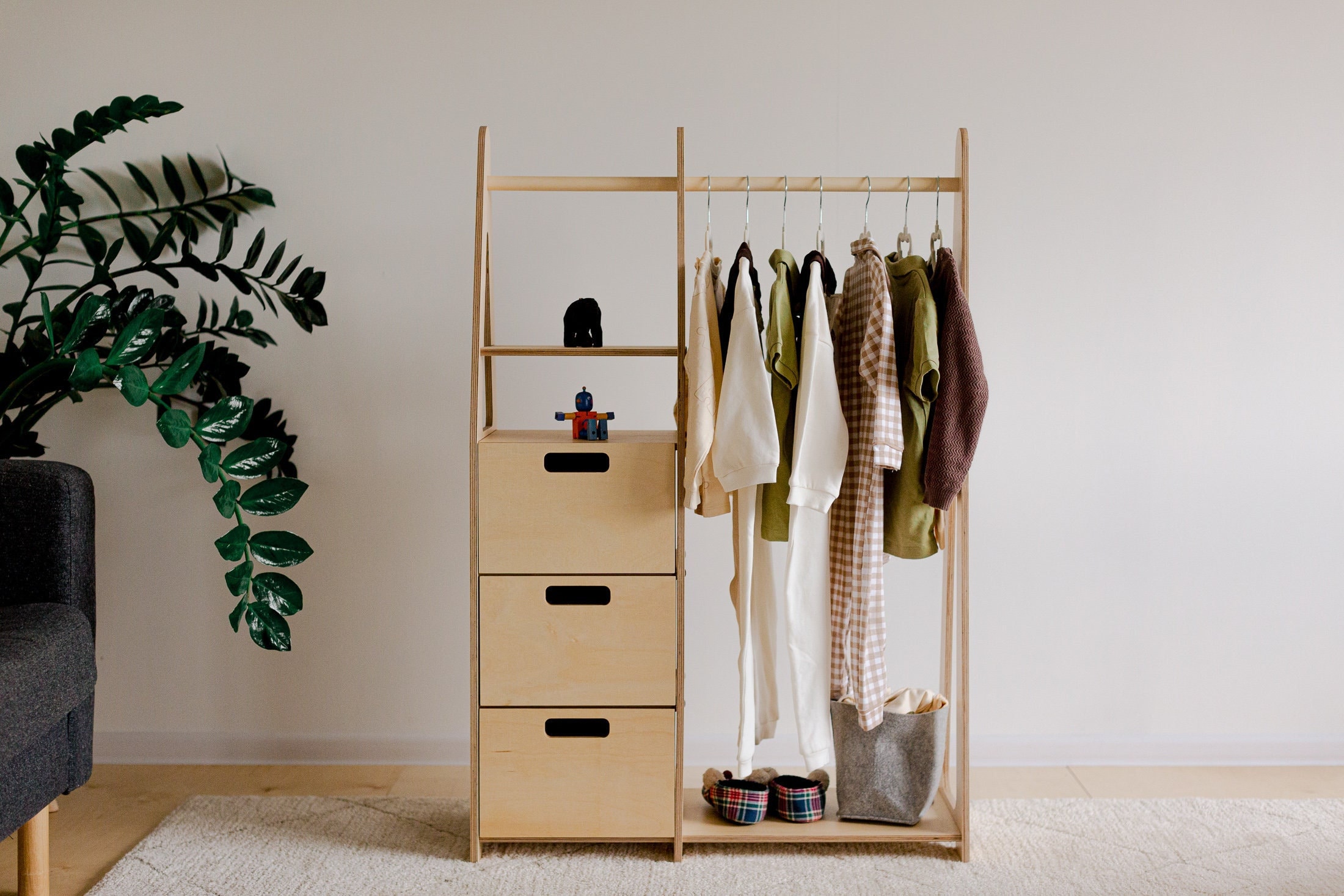 Children wardrobe Montessori clothing rack Wood frame rack Montessori wardrobe Clothing rack with drawers Kids furniture