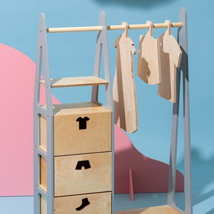 Armario para niños Estante de ropa Montessori Estante de ropa de madera Estante de marco de madera Armario para niños pequeños Estante de ropa con cajones Muebles para niños imagen 5