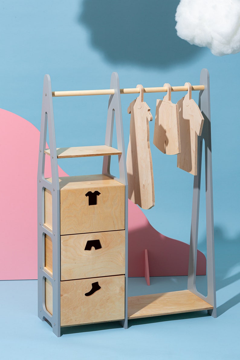 Children wardrobe Montessori clothing rack Wooden clothing rack Wood frame rack Toddler wardrobe Clothing rack with drawers Kids furniture image 5