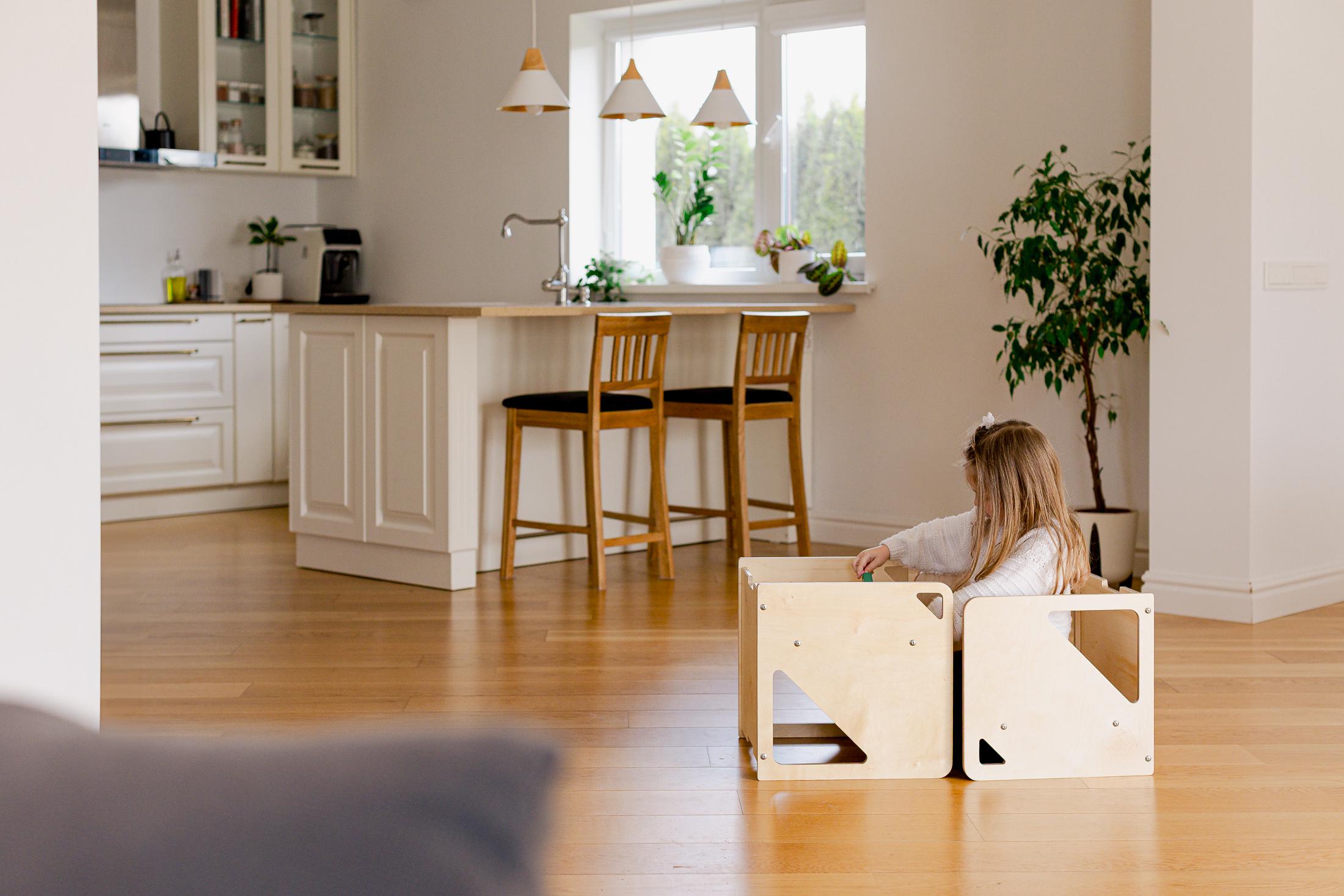 2-in-1 Montessori Cube Chair & Table Set: Natural Wood Toddler ...