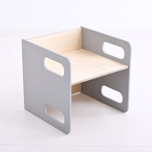 Kids chair and table, Montessori chair set, Gray cube chair, Weaning table and chair, Adjustable chair and table, Kids table, Wooden chair image 7