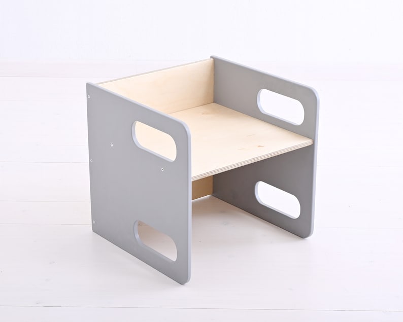 Kids chair and table, Montessori chair set, Gray cube chair, Weaning table and chair, Adjustable chair and table, Kids table, Wooden chair image 7