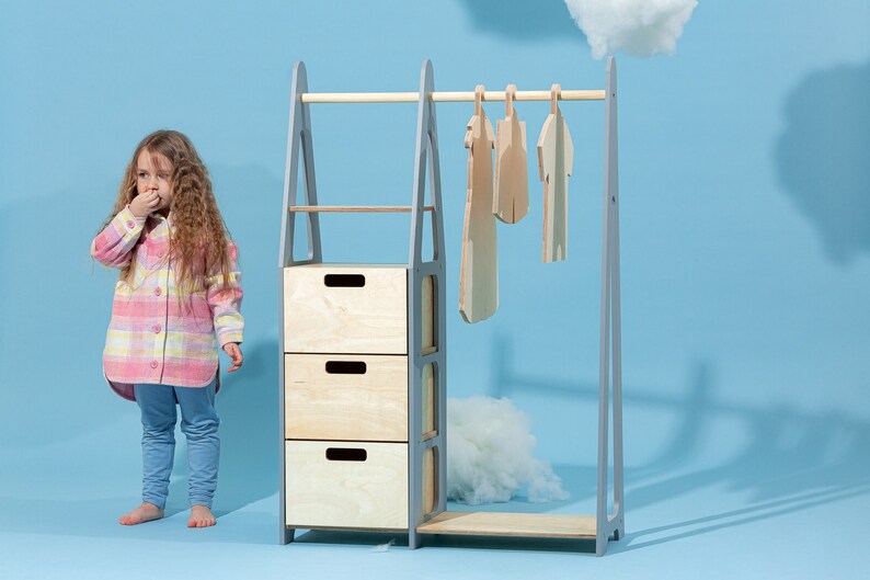 Children wardrobe Montessori clothing rack Wooden clothing rack Wood frame rack Toddler wardrobe Clothing rack with drawers Kids furniture image 1