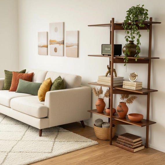 Mid-century Modern Wooden Zigzag Bookshelf, Wall Shelf, MCM