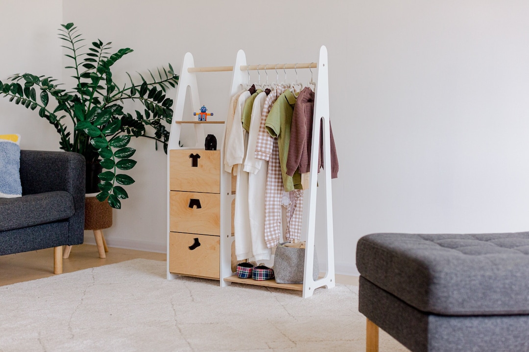 Montessori Wooden Kids Wardrobe: Clothing Rack With Drawers - Etsy