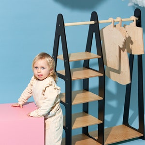 Children wardrobe Montessori clothing rack Wooden clothing rack Wood frame rack Toddler wardrobe Clothing rack with drawers Kids furniture image 8