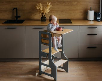 Silla alta de madera Montessori plegable 4 en 1, transformable, para niños pequeños, juego de escritorio y silla para niños, torre de cocina para niños