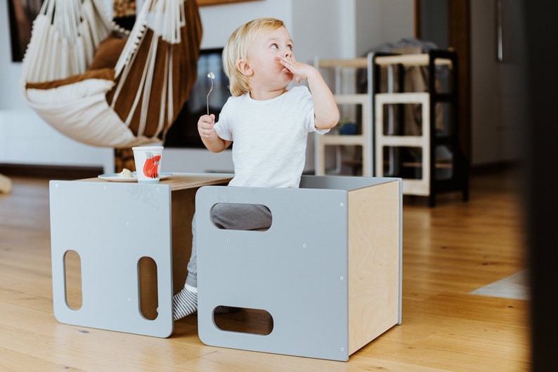Kids chair and table, Montessori chair set, Gray cube chair, Weaning table and chair, Adjustable chair and table, Kids table, Wooden chair
