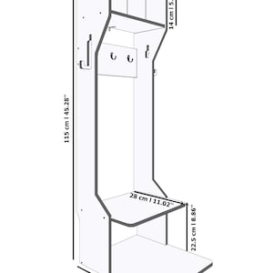 May include: White wooden entryway organizer with dimensions displayed in inches. Features shelves, hooks, and a lower storage area. The unit is 15.35 inches wide, 45.28 inches tall, and 7.28 inches deep.