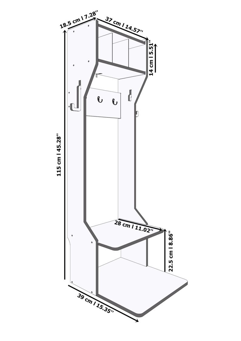 May include: White wooden entryway organizer with dimensions displayed in inches. Features shelves, hooks, and a lower storage area. The unit is 15.35 inches wide, 45.28 inches tall, and 7.28 inches deep.