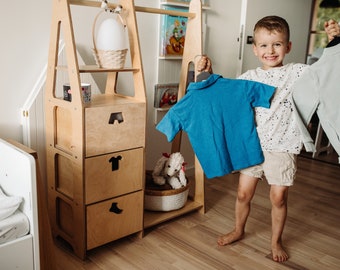 Armario para niños Estante de ropa Montessori Estante de ropa de madera Estante de marco de madera Armario para niños pequeños Estante de ropa con cajones Muebles para niños