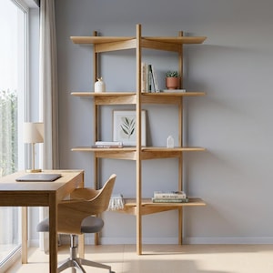 May include: A light oak wooden shelving unit with several shelves displaying books, a small plant, and ornaments. The unit is part of a home office, with a desk, chair, and a window in the background. The design is modern and minimalist, with a natural wood finish.