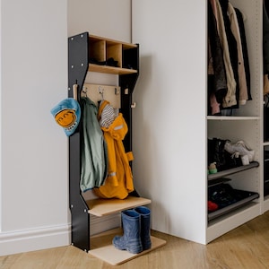 Children outwear wardrobe Wooden clothing rack Wood frame rack Toddler wardrobe Kids furniture toddler dresser Kindergarderobe meuble enfant BLACK