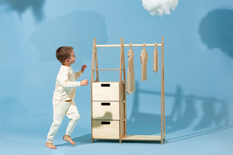 Children wardrobe Montessori clothing rack Wood frame rack Montessori wardrobe Clothing rack with drawers Kids furniture image 4