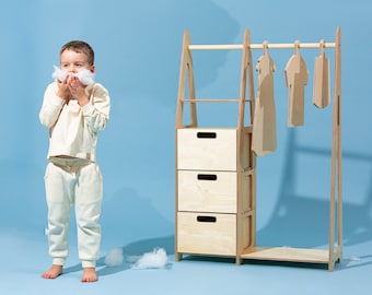 Children wardrobe Montessori clothing rack Wood frame rack Montessori wardrobe Clothing rack with drawers Kids furniture