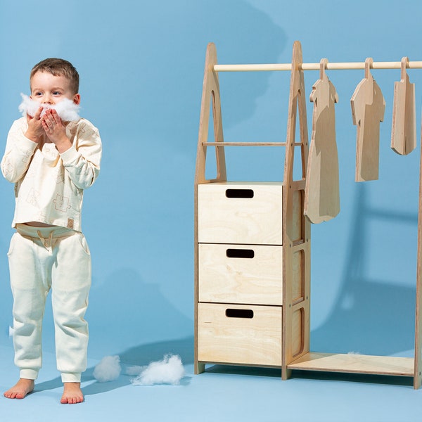 Children wardrobe Montessori clothing rack Wood frame rack Montessori wardrobe Clothing rack with drawers Kids furniture