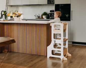 Foldable Montessori Kitchen Tower: Converts to High Chair, Desk & Slide