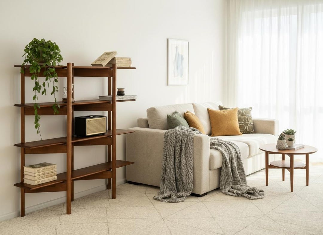 Mid-century Modern Wooden Zigzag Bookshelf, Narrow Wall Shelf - Etsy