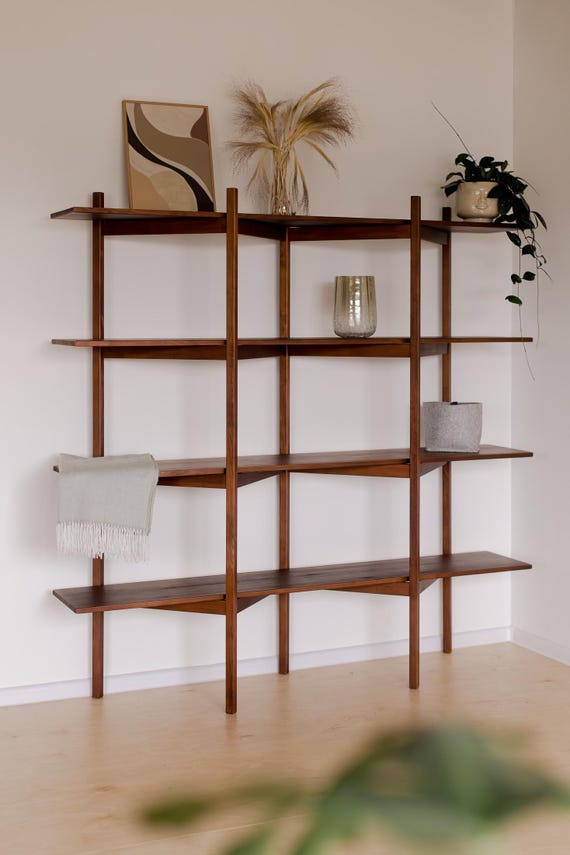 Mid-Century Modern Wooden Bookshelf, Large Display Shelf