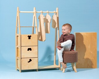 Kindergarderobe Montessori kledingrek Houten kledingrek Houten frame rek Peutergarderobe Kledingrek met lades Kindermeubels