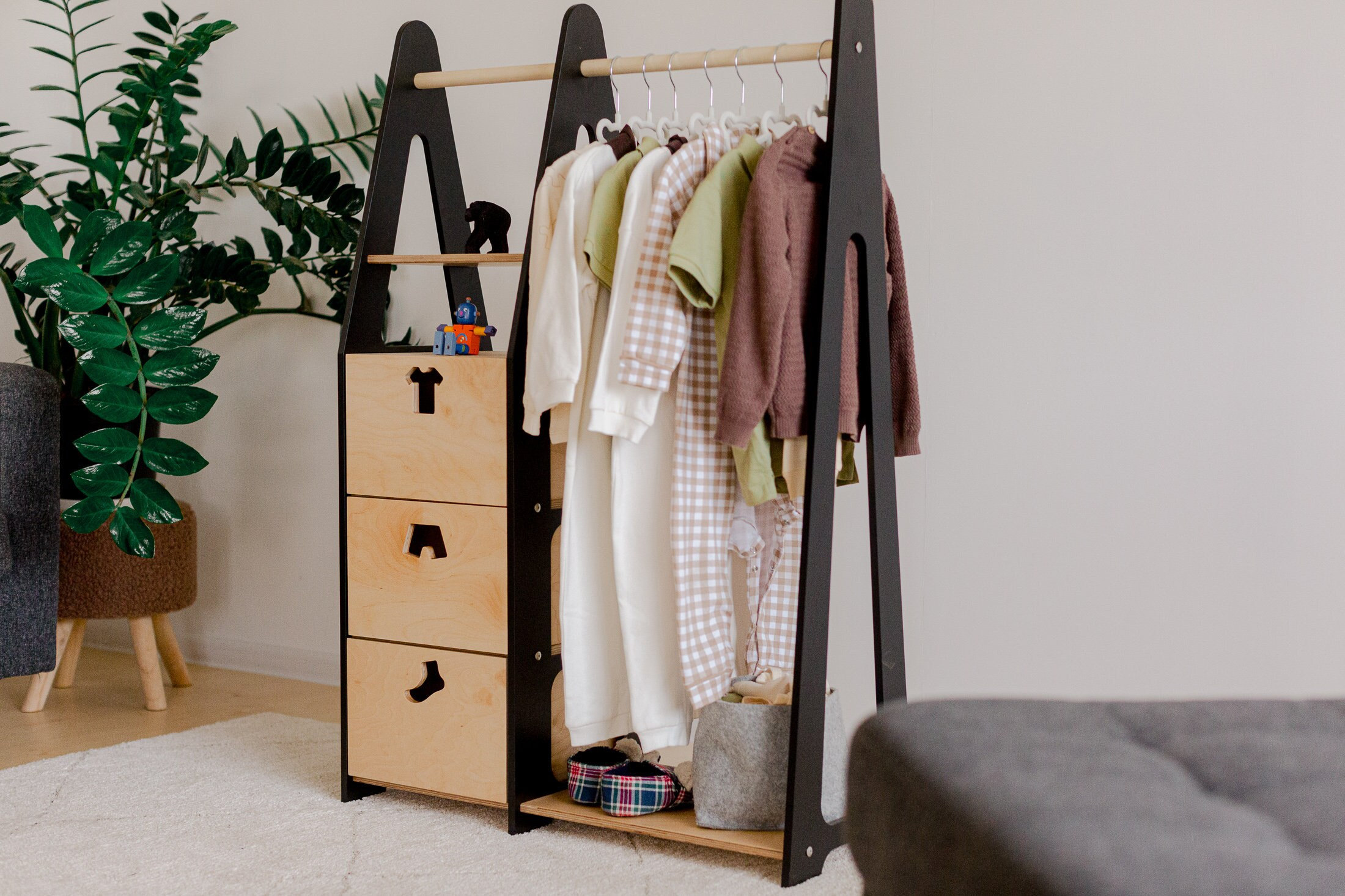 Penderie pour enfants Penderie Montessori Penderie en bois Penderie avec cadre en bois Penderie pour tout-petits Penderie avec tiroirs Meubles pour en