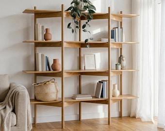 Modern Oak Bookshelf, Handmade 5-Leg Wall Mounted Shelving Unit, Solid Wood Display Shelf for Books, Plants & Décor, Minimalist Storage